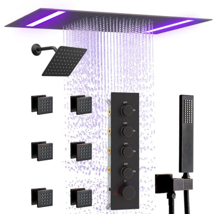 Thermostatic Shower System with 14x20 Inch Ceiling Mount LED Head & 6 Inch Wall Head and Handheld Shower 4 Function Vale with body jets, Oil Rubbed Bronz - color: Oil Rubbed Bronz, style: 14x20 led+6 jets