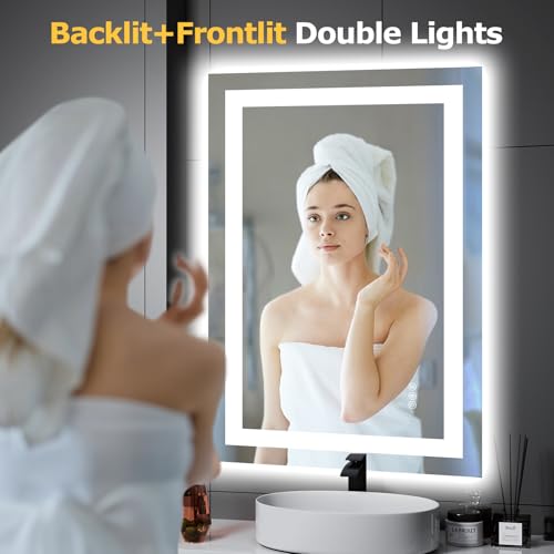 Hivone 24X36 LED Bathroom Mirror with Lights, Anti-Fog, Dimmable, Backlit + Front Lit, Smart Bathroom Vanity Mirror, Memory Function, Shatterproof, Tempered Glass (Horizontal/Vertical) - size: 24"L x 36"W