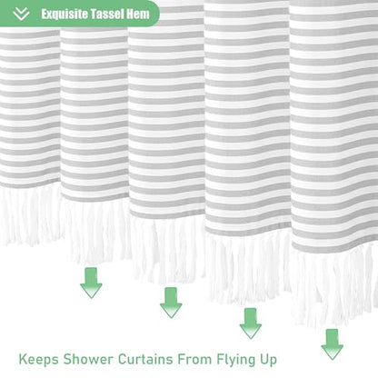 Extra Long Shower Curtains, 84 Inches Long Farmhouse Boho Striped Fabric Tassel Shower Curtains for Bathroom, Tall Bohemian Linen Textured Cloth Shower Curtain Set with Hooks, Grey, 72x84 - color: Grey, size: 72"W x 84"L (Pack of 1)