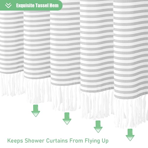 78 Inches Long Shower Curtain, Farmhouse Boho Striped Fabric Tassel Shower Curtains for Bathroom, Tall Bohemian Textured Waterproof Cloth Shower Curtain Set with Hooks, Grey, 72x78 - color: Grey, size: 72"W x 78"L (Pack of 1)