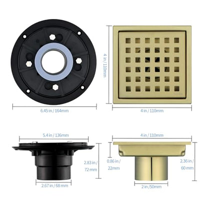 Square Shower Drain 4-Inch with ABS Flange, Brushed Gold, Removable Grille,Bathroom Stainless Steel Shower Floor Drain - color: 4-inch Brushed Gold