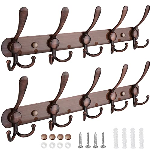 TICONN Wall Mounted Coat Rack, Five Heavy Duty Tri Hooks All Metal Construction for Jacket Coat Hat in Mudroom Entryway (Antique Bronze, 2-Pack) - color: Antique Bronze