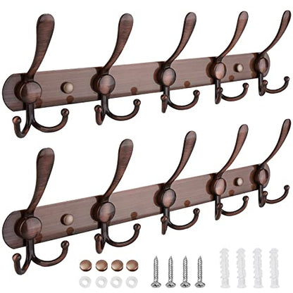 TICONN Wall Mounted Coat Rack, Five Heavy Duty Tri Hooks All Metal Construction for Jacket Coat Hat in Mudroom Entryway (Antique Bronze, 2-Pack) - color: Antique Bronze