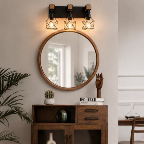 Farmhouse Vanity Light Fixture,3-Light Bathroom Lighting,Black Industrial Wood Wall Light Over Mirror with Metal Shade,Bulbs NOT Included - color: Black, size: 3-Light-Wide 18"