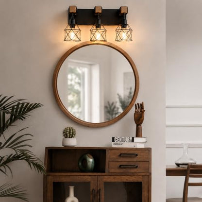Farmhouse Vanity Light Fixture,3-Light Bathroom Lighting,Black Industrial Wood Wall Light Over Mirror with Metal Shade,Bulbs NOT Included - color: Black, size: 3-Light-Wide 18"