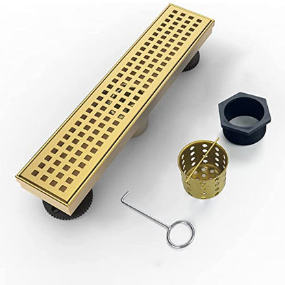 12 inch Linear Shower Drain Brushed Gold with Grate Removable | Square Hole Panel,AISI 304 Stainless Steel Fast Drainage Rectangle Hidden Shower Trench,Detachable Hair Catcher,Leveling Feet - color: Gold, size: 12 inch+No Base