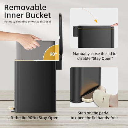 KUK Slim Bathroom Trash Can with Lid, 1.6 Gal / 6L Stainless Steel Small Garbage Bin with Detachable Inner Bucket, Step Pedal, Silent Close, Wastebasket for Toilet, Bedroom, Home, Office (Black) - color: Matt Black