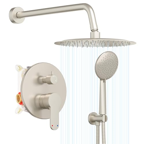 Gabrylly Shower Faucet Set, Shower System with Pressure Balance Shower Valve, 12" Rain Shower Heads with Handheld Spray, Wall Mounted Shower Fixtures, High Pressure Shower Head Set, Brushed Nickel - color: Brushed Nickel, style: 12 Inches-Without Tub Spou