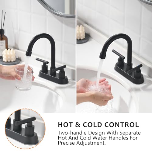 Black Bathroom Faucet, 2 Handle 4 Inch Centerset Sink Faucet with Drain | Yardmonet Matte Black Bathroom Sink Faucet, 2-Handle Stainless Steel Vanity Faucet With Pop-Up Drain And Supply Lines - color: Matte Black
