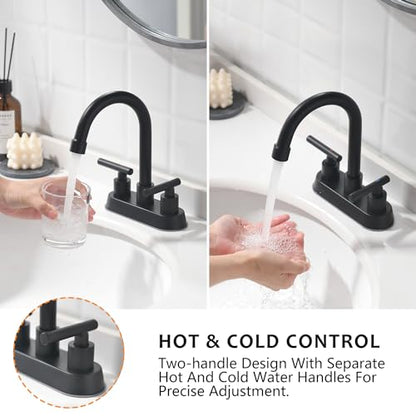 Black Bathroom Faucet, 2 Handle 4 Inch Centerset Sink Faucet with Drain | Yardmonet Matte Black Bathroom Sink Faucet, 2-Handle Stainless Steel Vanity Faucet With Pop-Up Drain And Supply Lines - color: Matte Black