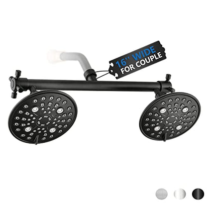 Proox Double Shower Head 6-Setting High Pressure Built-in Valve Matte Black | For Couples' Walk-in or Single Bathtub Use, Dual Head System, Premium Finish, Easy Tool-Free Install - color: Matte Black