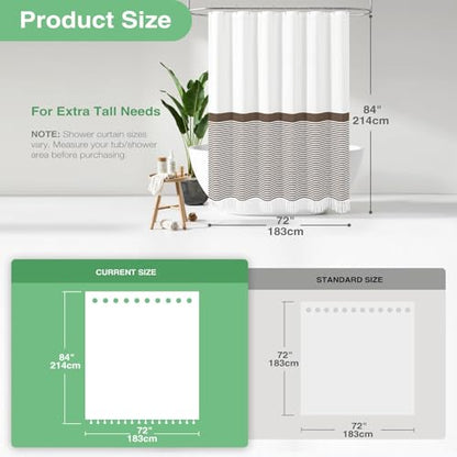 Dynamene Extra Long Shower Curtains, 84 Inches Long Farmhouse Boho Striped Fabric Tassel Shower Curtains for Bathroom, Tall Bohemian Textured Cloth Shower Curtain Set with Hooks, Brown, 72x84 - color: Brown, size: 72"W x 84"L (Pack of 1)