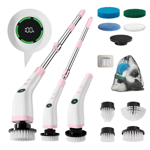 Electric Bathroom Cleaning Brush Cordless Shower Scrubber SD-CTB01 | Spin Scrubber Full Body Waterproof IPX7 with Adjustable Handle, 8 Replaceable Brush Heads for Bathtub/Kitchen/Window/Home - color: Pink