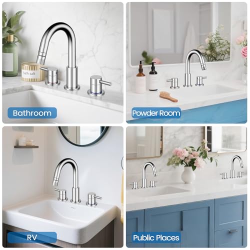 Pull-Down Bathroom Faucet 3 Hole 8 Inch with Pop-Up Drain,Chrome | 360° Swivel Spoutr & Dual Modes,8" Widespread 2-Handle, Pop-Up Drain & 10-Min Install for 3-Hole Bathroom Sink Faucets. - color: Chrome