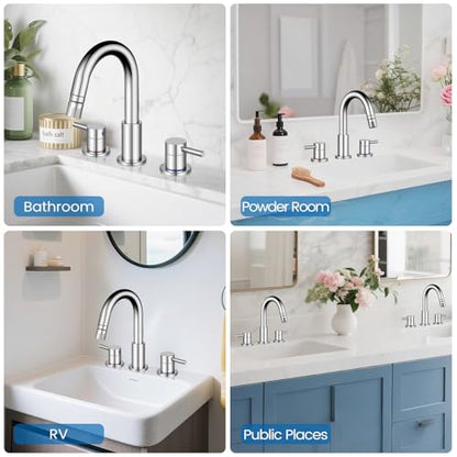 Pull-Down Bathroom Faucet 3 Hole 8 Inch with Pop-Up Drain,Chrome | 360° Swivel Spoutr & Dual Modes,8" Widespread 2-Handle, Pop-Up Drain & 10-Min Install for 3-Hole Bathroom Sink Faucets. - color: Chrome