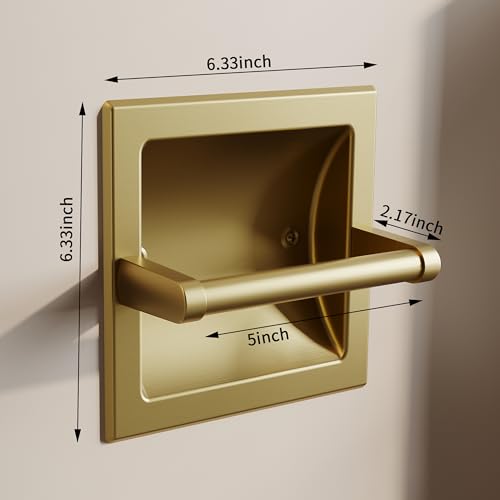 Recessed Gold Toilet Paper Holder Wall Mounted 304 Stainless Steel | Brushed Brass Post Pivoting Design Easy to Change Roll, in Wall Toilet Paper Holder for Mega Roll Waterproof & Rustproof - color: Gold