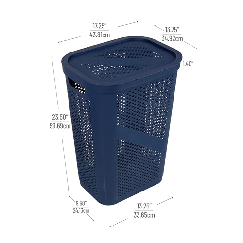 Mind Reader Slim Laundry Hamper with Lid, 60L Clothes Basket, Ventilated Plastic, Navy - color: Navy, size: Single