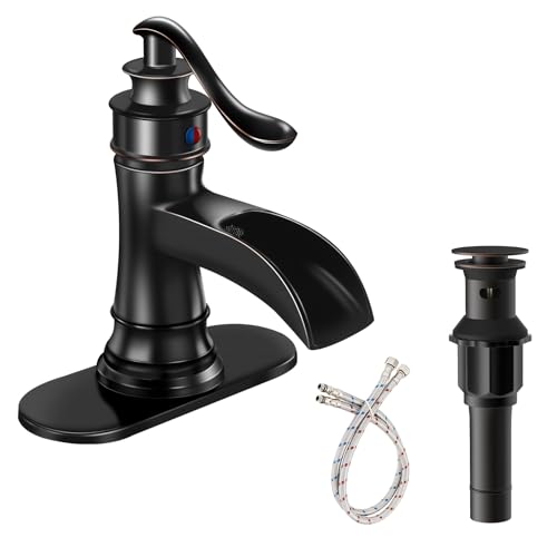 Oil Rubbed Bronze Waterfall Bathroom Faucet Single Handle One Hole | with Pop Up Drain & Supply Lines,Lead-Free Solid Brass,Farmhouse Faucet for Sink 1-3 Hole,Deck Mount,by Bathfinesse - color: A-Oil-Rubbed Bronze