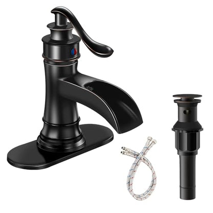 Oil Rubbed Bronze Waterfall Bathroom Faucet Single Handle One Hole | with Pop Up Drain & Supply Lines,Lead-Free Solid Brass,Farmhouse Faucet for Sink 1-3 Hole,Deck Mount,by Bathfinesse - color: A-Oil-Rubbed Bronze