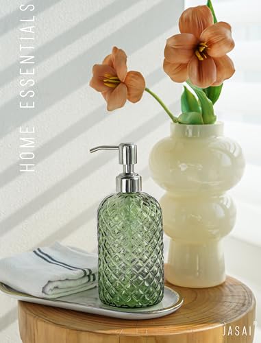 JASAI 18Oz Tea Green Soap Dispenser with Rust Proof Pump | Refillable Glass Soap Dispenser for Bathroom & Kitchen to Dispense Dish Soap, Hand soap, liquid Soap, Lotion. - color: Green