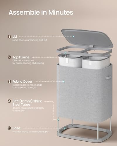 SONGMICS Laundry Basket with Lid, 42.2 Gallons, 2-Compartment Laundry Hamper with Handle, Removable Liner, Easy Assembly, 22 x 15.7 x 27.5 Inches, Dove Gray ULCB822G101 - color: Dove Gray