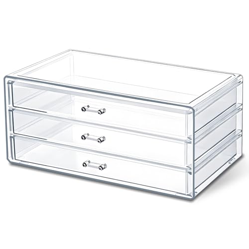 1 Pc Acrylic Storage Drawers, 9.3 X 5.3 X 4 Inch Clear Storage Drawers with 3 Drawer Stackable Makeup Organizer Cosmetic Display Case Stationery Organizer for Dresser, Bathroom, Vanity, Countertop
