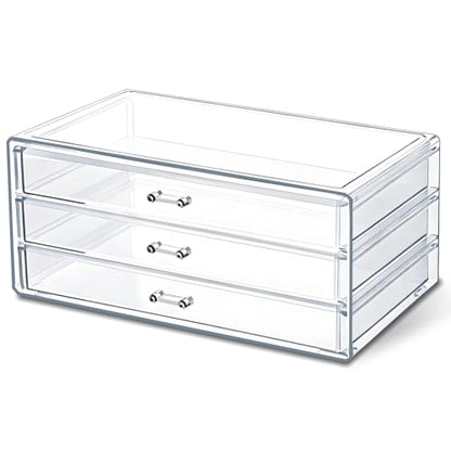 1 Pc Acrylic Storage Drawers, 9.3 X 5.3 X 4 Inch Clear Storage Drawers with 3 Drawer Stackable Makeup Organizer Cosmetic Display Case Stationery Organizer for Dresser, Bathroom, Vanity, Countertop