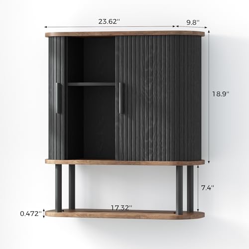 Fluted Bathroom Wall Cabinet, Wall Mounted Medicine Cabinet with Sliding Tambour Door & Adjustable Shelf, 3-Tier Over the Toilet Storage Cabinet for Laundry Room, Kitchen, Black - color: Black