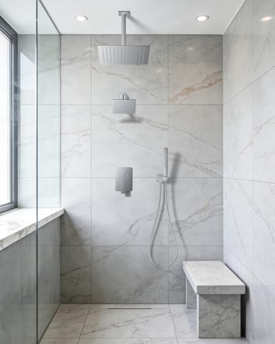 Rain Shower System 12" & 6" Dual Shower Heads Ceiling Shower Faucet Set | Ideal for bathroom remodels and upgrades with 12" rain shower, 6" angled shower, handheld spray and complete valve kit. - color: Polished Chrome, size: Ceiling Mounted - 12"+6" Show