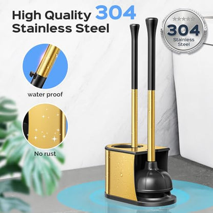 HAMITOR Toilet Plunger and Brush Set: 2 in 1 Stainless Steel Combo with Curved Bristles - Heavy Duty Toilet Unclogging for Family Bathroom - Compact Hideaway Apartment Cleaning Accessories - Gold - color: Gold