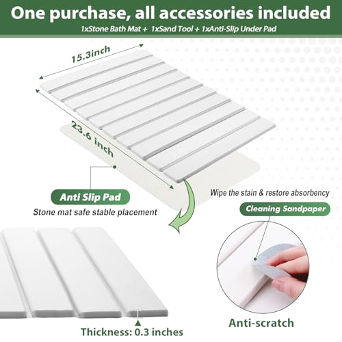 Foldable Stone Bath Mat, 23x15 Inch White Stone Bathmat Quick Dry, Diatomaceous Earth Mats Water Absorbing Diatomite Self Drying Mats, Multi-purpose Drying Mat for Kitchen Counter Dish Bathroom Dry - color: White