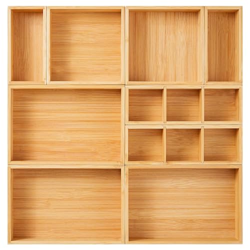Fabsome Drawer Organizer, Set of 9 Bamboo Wood Kitchen Makeup Desk Junk Tea Drawer Storage Boxes Bins for Cutlery Silverware Utensils Flatware, Small Wooden Container Tray for Bathroom, Office - size: 2''H 9 Boxes
