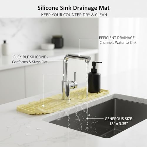 Silicone Faucet Splash Guard Mat for Kitchen & Bathroom Sinks, Flexible Water Drainage Tray with Slots, 13 x 3.35 Inches - color: Yellow
