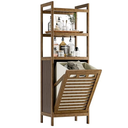 HITNET Bamboo Tilt Out Laundry Hamper, Bathroom Storage Cabinet with Hidden Removable Basket and 3 Open Shelves, Space Saving Bamboo Storage for Clothes, Towels and Toys, Walnut - color: Walnut