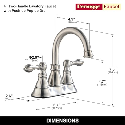 Brushed Nickel 4 Inch Centerset Bathroom Faucet 3 Hole with Drain,2 Pack | Derengge High Arc Classic 2-Handle Bathroom Faucet, Vanity Lavatory Faucet with 360° Swivel Spout，BF-4501D-BN - color: Brushed NickelX2