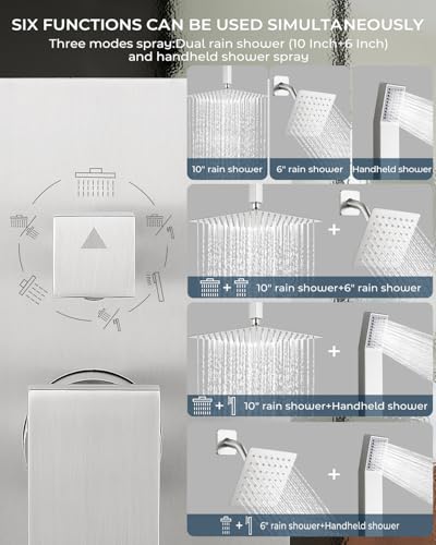 Rain Shower Faucet Set, 10" Top + 6" Side Head, Brushed Nickel | 3-head set w/ valve, SUS304 anti-freeze, 6 spray modes, self-clean nozzles - color: Brush Nickel, style: 10''-Ceiling Mount+6" Shower Head