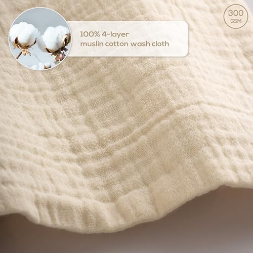 Muslin Baby Washcloths for Newborns, Pack of 8, 11"x11", Super Soft Cotton, Absorbent and Gentle, Baby Cotton Wipes, Baby wash Cloths - color: Beige