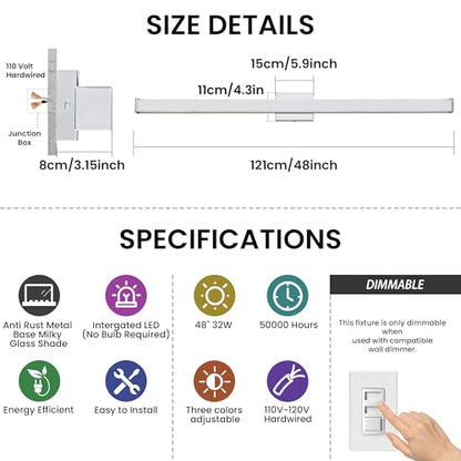Modern LED Bathroom Vanity Light 48 inch 32W Dimmable 3CCT Bathroom Light Fixture Over Mirror Rectangle Bath Vanity Light Bar with Double Layer Acrylic Shade (Chrome) - color: Chrome, size: 48 inch