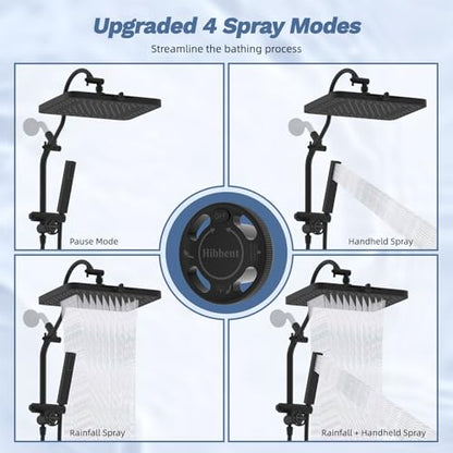 Hibbent 5-Mode 13" Rain Shower head, 4-Spray Handheld Shower, Matte Black | cUPC Certified High Pressure Showerhead Combo, All Metal 4-way Diverter Extension Arm & Handheld Spray, 71'' Hose & Holder - color: Matte Black, style: Square 13"