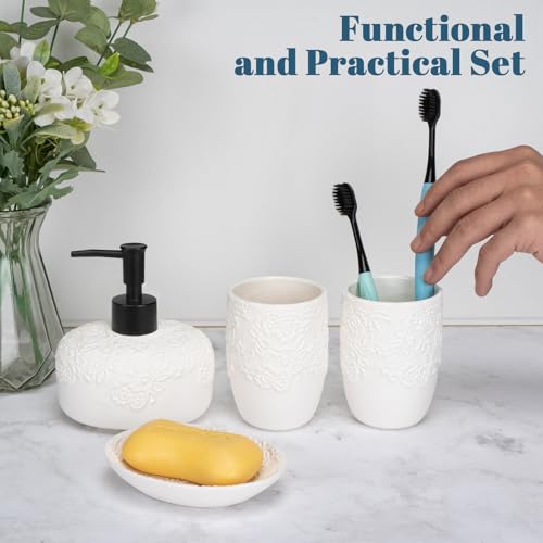 Bathroom Accessories Set, 4pcs Ceramic with Embossed Design Look Sets Bathroom Soap Dispenser 13.5oz & 2Pcs Ceramic Cup, 1Pcs Soap Dish - color: White-black