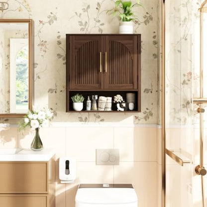 RUSTOWN Fluted Bathroom Wall Cabinet with Arched Doors & Rounded Edges | Over The Toilet Storage Cabinet with Adjustable Shelf, Mid Century Modern Medicine Cabinets, Laundry & Kitchen Shelving Unit - color: Dark Walnut