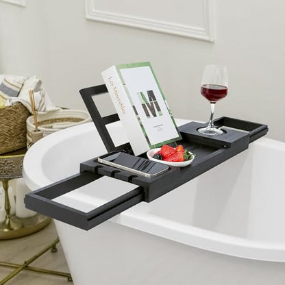 Utoplike Bamboo Bathtub Tray Black, Adjustable Bath Caddy Table for Tub | Bathroom Organizer with Book Tablet, Wine Glass Cup, Towel Holder - color: 19.8-33.5 in Black