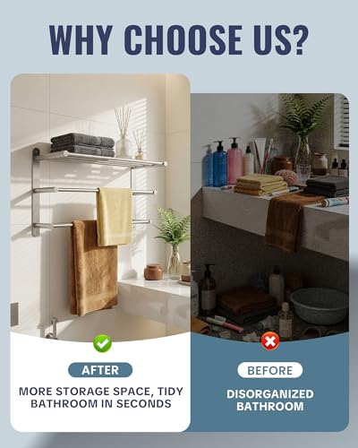 Bathroom Towel Rack Wall Mounted: 24 Inch Brushed Nickel Towel Rack with Double Towel Bar - SUS304 Stainless Steel Bath Towel Holder with Shelf for Hotel Lavatory - color: Brushed Nickel