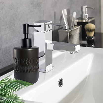 Black Soap Dispenser for Bathroom,Cylindrical Lotion Dispenser,12oz Ceramic Relief Hand Dish Soap Dispenser,Refillable Liquid Dispenser for Kitchen,Matte Black Pump(Relief Black) - color: Relief Black