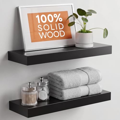 Black Floating Shelf 20 inch, High End Solid Real Wood 20inch Bathroom Floating Shelves for Wall Mounted, Black Wooden 20in Floating Shelves, Heavy Duty Bracket, 20 X 6.5 X 1.75 in, Set of 2 - color: Modern Black - Rich Neutral Satin, size: 20 inch