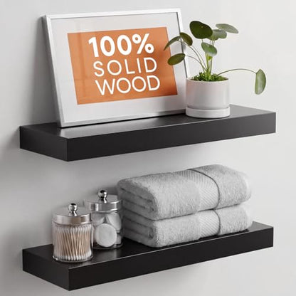 Black Floating Shelf 20 inch, High End Solid Real Wood 20inch Bathroom Floating Shelves for Wall Mounted, Black Wooden 20in Floating Shelves, Heavy Duty Bracket, 20 X 6.5 X 1.75 in, Set of 2 - color: Modern Black - Rich Neutral Satin, size: 20 inch