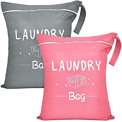 2 Pcs Large Travel Laundry Bag - Waterproof Wet Dry Washable for Dirty Clothes, Bathing Suit, Workout, Gym, Swimming, Yoga (Pink+Grey) - color: Pink+Grey