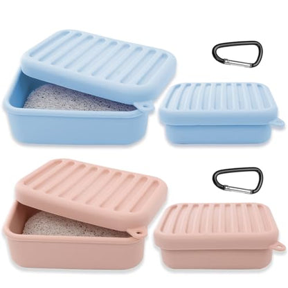 Silicone Travel Soap Case with Lid & Drain Tray, Leakproof，for Travel | Food-grade silicone, Leakproof seal, Built-in hook, Removable drain pad doubles as soap holder, For gym, travel, camping - color: Pinkblue