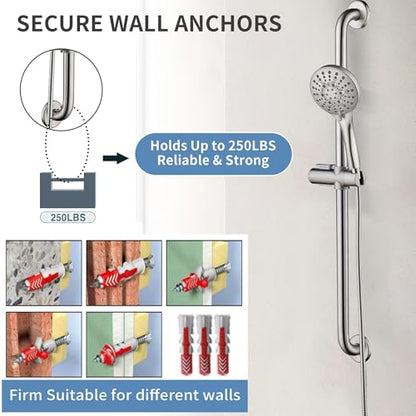 BRIGHT SHOWERS Slide Bar Shower Set with Handheld Shower Head, ADA-Compliant Stainless Steel Grab Bar, Adjustable Height and 69-Inch Hose, Brushed Nickel - color: Brushed Nickel