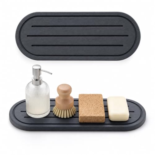Razborci 2PCS Water Absorbing Stone Drying Tray Mat for Bathroom Sink & Kitchen Counter Faucet Organizer Decor, Quick Dry Dish Soap Dispenser Sponge Holder, Vanity Caddy Coaster,Dark Gray -10"*3.8" - color: 2pack-10"x 3.8" - Dark Gray